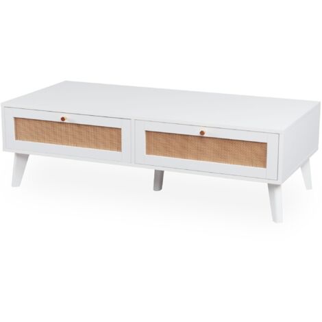 Table basse fixe 2 tiroirs en bois blanc avec cannage – Dimensions L120 x P55 x H40 cm – Élégante et moderne pour salon (1/5)