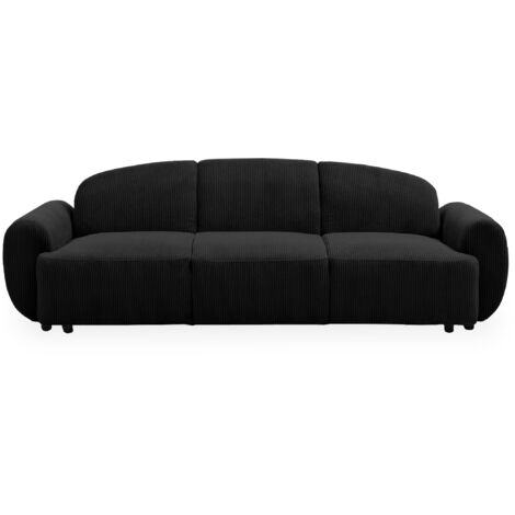 Cotecosy – Canapé 3 places convertible velours côtelé noir – Dossier et accoudoirs arrondis – Dimensions L234 x P88 x H75 cm – Couchage L188 x P112 cm (1/5)