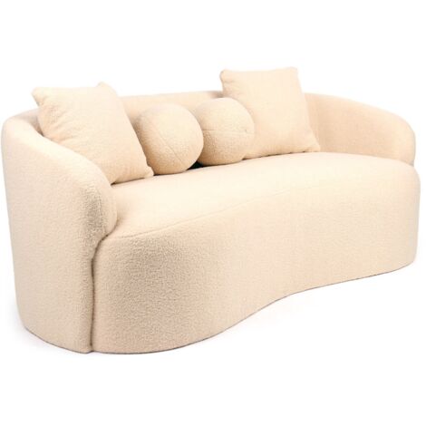 Cotecosy – Canapé droit 3 places courbé en tissu bouclette beige – Dimensions L178 x P82 x H68 cm – Confort optimal et design moderne (1/5)