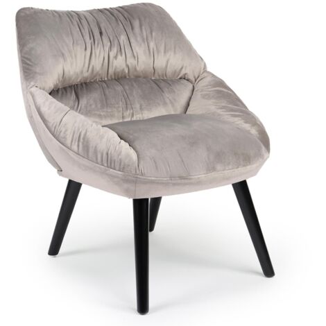 Cotecosy – Fauteuil relax en velours gris – Dossier plissé et assise rembourrée – Dimensions L71 x P73 x H74 cm – Pieds en bois noir moderne