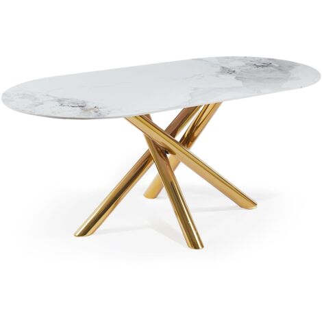 Table ovale 90x180cm Rusking Effet marbre blanc et pieds croisés Métal doré
