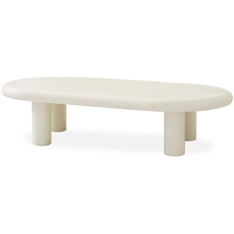 Cotecosy – Table basse fixe arrondie 160cm – Pieds colonnes en bois – Surface lumineuse crème pour salon contemporain – Dimensions L160 x P40 x H40 cm