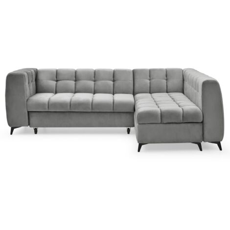 Cotecosy – Canapé d'angle convertible 5 places – Velours gris – Méridienne réversible – Coffre de rangement – Surface de couchage 120x198 cm (1/5)