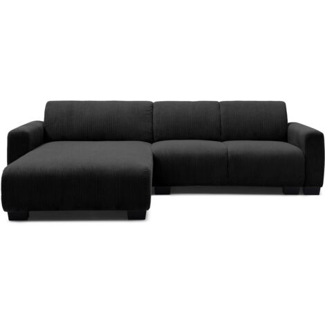 Cotecosy – Canapé d'angle 288cm convertible en velours côtelé noir – Méridienne intégrée – Élégant pour salon moderne