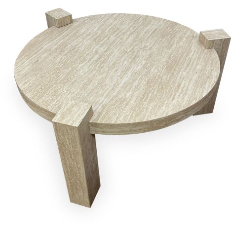 Cotecosy – Table basse ronde Titouan 84cm – Effet travertin beige – Design sculptural à 3 pieds débordants – Élégante pièce maîtresse (1/5)