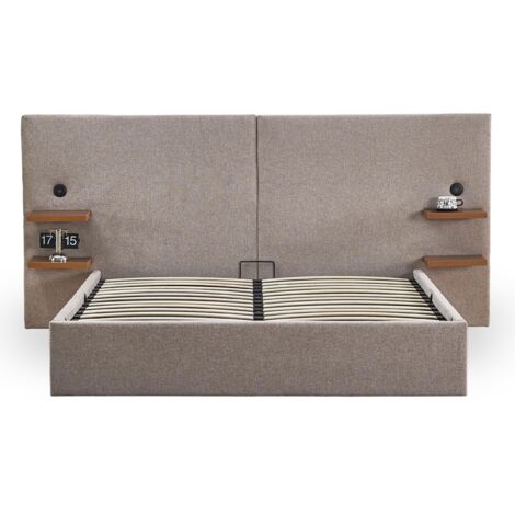 Lit-coffre complet avec tablettes et ports USB intégrés Lukas 160x200cm Tissu Taupe clair (1/5)
