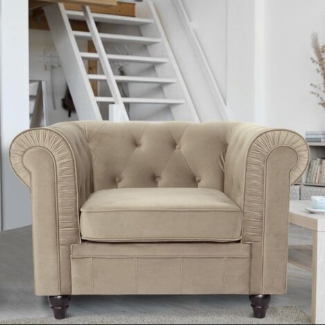 Cotecosy – Fauteuil club Chesterfield en velours taupe – Dimensions L111 x P82 x H72 cm – Confort optimal pour intérieur chaleureux