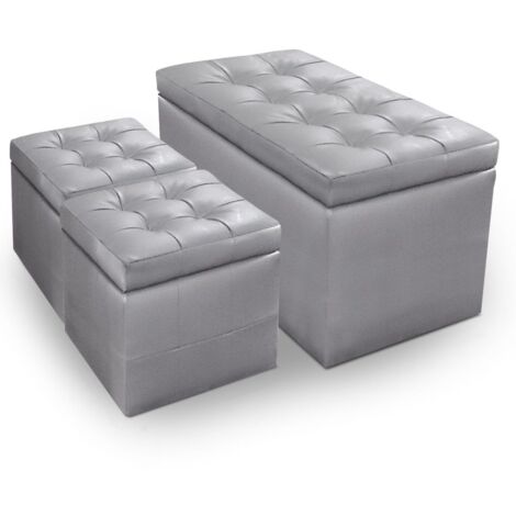 Banc Coffre Panky + 2 poufs Argent