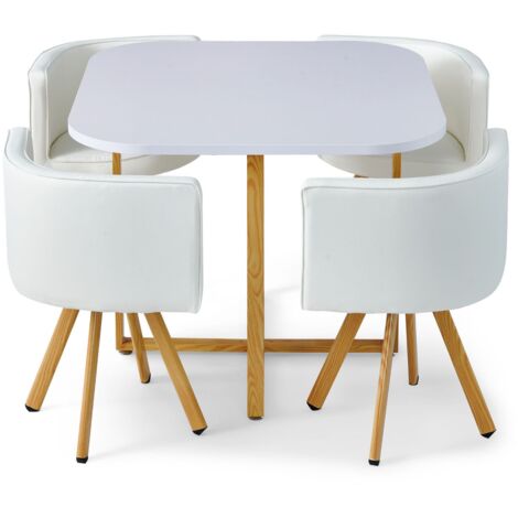 Cotecosy – Ensemble table et 4 chaises scandinaves – Table blanche 90x90cm – Chaises en simili cuir – Design épuré et moderne
