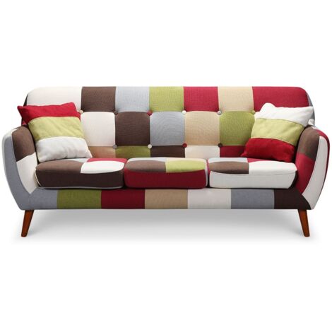Cotecosy – Canapé droit 3 places multicolore – Dossier bas et pieds arqués – Dimensions L177 x P80 x H79 cm – Tissu confortable et élégant