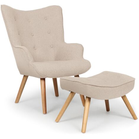 Cotecosy – Fauteuil scandinave avec pouf Lylou – Tissu beige – Assise moelleuse H37 cm – Dossier haut – Dimensions fauteuil L70 x P77 x H98 cm