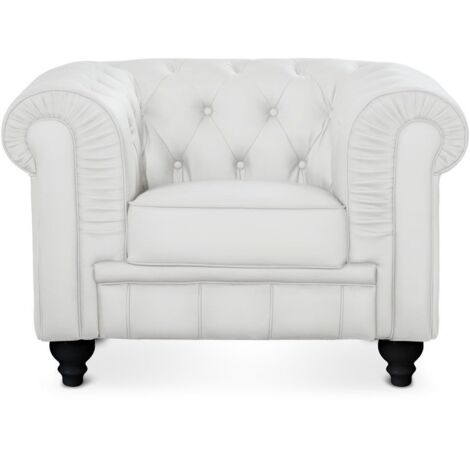 Cotecosy – Fauteuil club Chesterfield blanc en simili cuir – Dimensions L111 x P82 x H72 cm – Élégance intemporelle pour salon