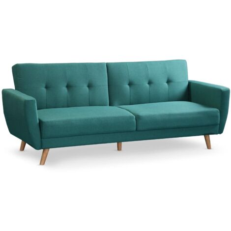 Cotecosy – Canapé convertible clic-clac scandinave 3 places – Tissu bleu vert – Dimensions L220 x P86 x H86 cm – Pieds en bois naturel (1/5)