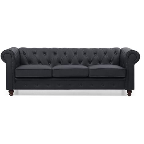 Cotecosy – Canapé Chesterfield 3 places noir en simili cuir – Style classique et chic – Dimensions L203 x P84 x H67 cm – Confort capitonné (1/5)
