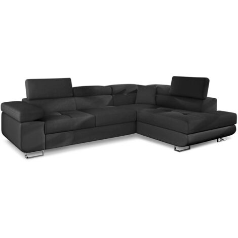 Cotecosy – Canapé d'angle droit convertible simili cuir noir 275 cm – 3 places – Appuis-tête réglables – Couchage 125 x 190 cm – Fabrication européenne