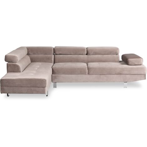Cotecosy – Canapé d'angle velours taupe avec têtières relevables – Grand confort – Méridienne à droite – Dimensions L260 x P170 x H74 cm