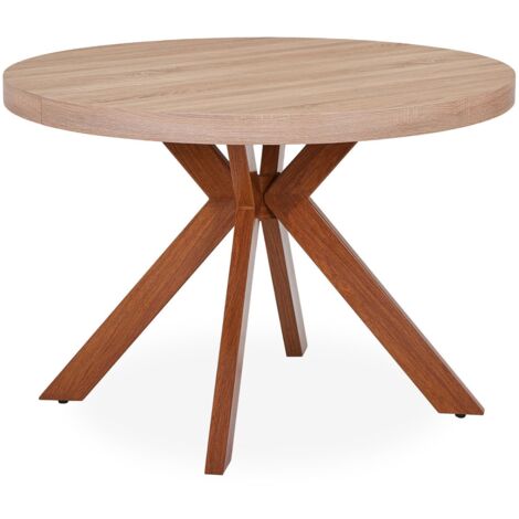 Cotecosy – Table ronde extensible vintage 3 rallonges – Bois Sonoma – Dimensions L110 x P110-260 cm – Pied central – Rails en aluminium pour déploiement facile