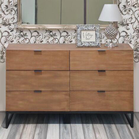 Cotecosy – Commode 6 tiroirs en bois d'acacia brut – Dimensions L 120 x P 40 x H 75 cm – Style industriel avec pieds en métal noir (1/6)