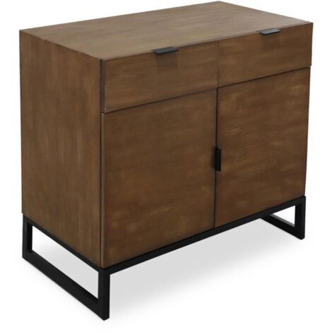 Cotecosy – Commode 2 tiroirs et 2 portes battantes en bois d'acacia – Dimensions L79 x P44 x H76 cm – Style moderne chêne clair avec pieds en métal noir (1/5)