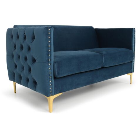 Cotecosy – Canapé droit 2 places velours bleu – Accoudoirs capitonnés – Pieds en métal doré – Dimensions L145 x P70 x H74 cm (1/5)