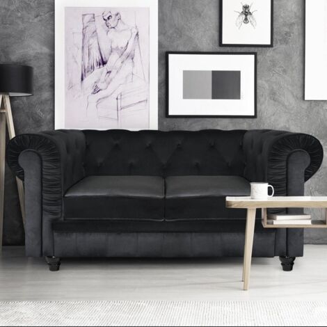 Cotecosy – Canapé Chesterfield 2 places en velours noir – Capitonnage confortable – Dimensions L158 x P82 x H72 cm – Style cosy et élégant
