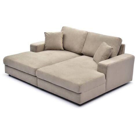 Duo de méridiennes modulaires en velours taupe – Canapé profond combinable – Dimensions L196 x P150 x H90 cm – Assise généreuse et coussins moelleux