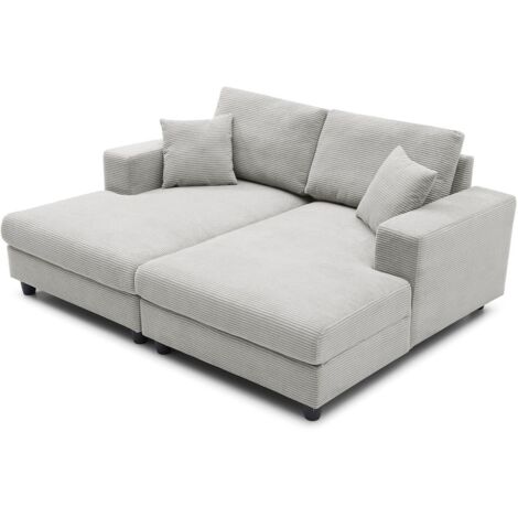 Duo de méridiennes combinables en canapé profond – Velours côtelé gris clair – Dimensions L196 x P150 x H90 cm – Assise généreuse et coussins moelleux