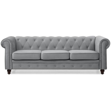 Cotecosy – Canapé Chesterfield 3 places en velours argent – Confort moelleux – Dimensions L 209 x P 82 x H 72 cm – Pieds en bois massif