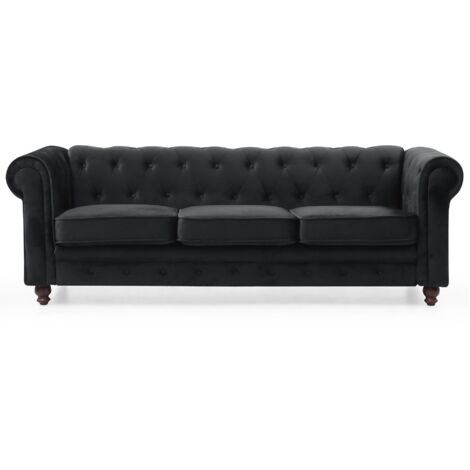 Cotecosy – Canapé Chesterfield 3 places en velours noir – Dimensions L209 x P82 x H72 cm – Capitonnage élégant et accoudoirs larges
