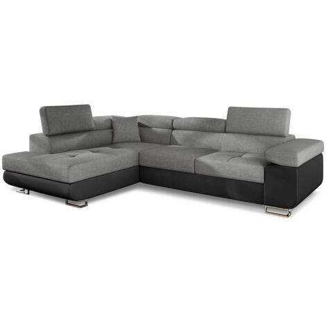 Cotecosy – Canapé d'angle convertible 275 cm – Tissu gris et simili noir – Dossier moelleux et larges accoudoirs – Surface de couchage 125x193 cm