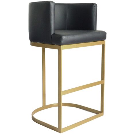 Cotecosy – Tabouret de bar haut simili cuir noir – Pieds en métal doré – Hauteur d'assise 71 cm – Design arrondi pour espace bar (1/5)