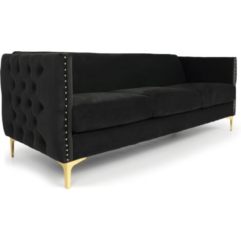 Cotecosy – Canapé droit 3 places capitonné en velours noir – Assise moelleuse – Pieds dorés en métal – Dimensions L204 x P70 x H74 cm