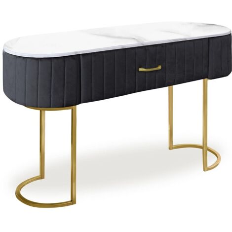 Cotecosy – Coiffeuse Paloma en velours noir – 1 tiroir – Pieds en métal doré – Plateau effet marbre – Dimensions L120 x P43 x H75 cm (1/5)