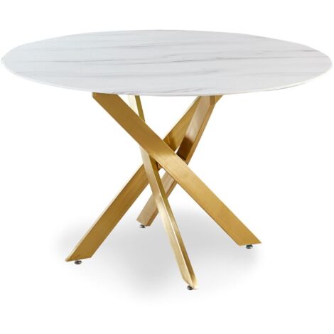 Cotecosy – Table ronde Corix 120x120 cm en verre effet marbre blanc – Pieds en métal or – Design moderne et stable pour salle à manger (1/4)