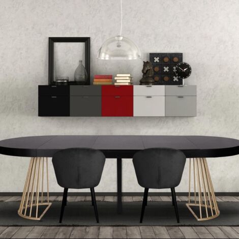 Cotecosy – Table ronde extensible 110-260 cm – Design moderne noir avec pieds or – 3 rallonges pour repas conviviaux – Bois M.D.F robuste