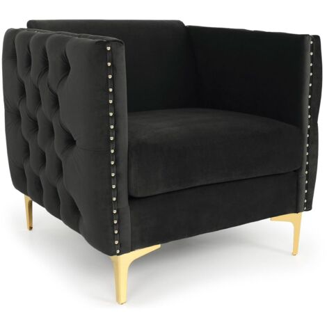 Cotecosy – Fauteuil relax capitonné en velours noir – Assise moelleuse – Accoudoirs capitonnés avec clous tapissiers – Pieds en métal doré – Dimensions L83 x P70 x H74 cm (1/5)