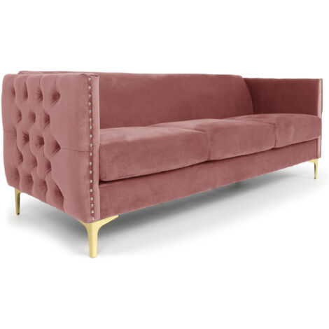 Cotecosy – Canapé droit 3 places capitonné en velours rose – Profonde assise moelleuse – Pieds dorés en métal – Dimensions L204 x P70 x H74 cm