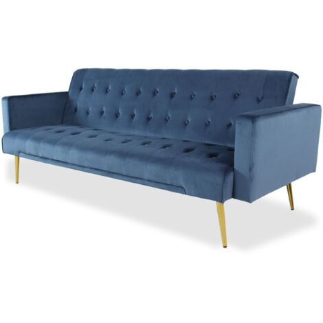 Cotecosy – Canapé convertible clic-clac 3 places en velours bleu – Dimensions L191 x P79 x H78 cm – Pieds dorés modernes pour séjour (1/5)