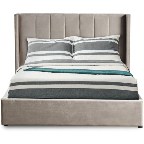 Cotecosy – Lit coffre double 140x190cm – Sommier relevable avec vérins à gaz – Velours taupe – Tête de lit capitonnée chic