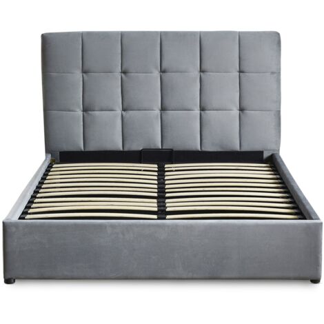 Cotecosy – Lit coffre double 180x200cm – Sommier relevable – Velours argent – Tête de lit capitonnée – Dimensions L189 x P217 x H106 cm (1/5)