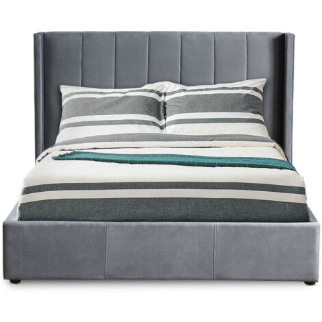 Cotecosy – Lit double relevable 180x200cm – Velours gris – Tiroirs de rangement – Tête de lit capitonnée – Dimensions L190 x P217 x H110 cm
