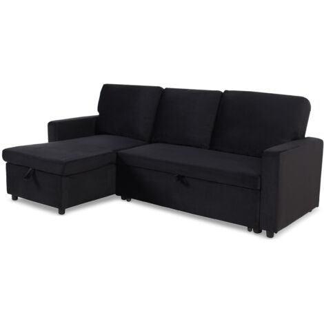 Cotecosy – Canapé d'angle convertible Baleares – Velours noir – Espace de rangement sous la méridienne – Dimensions L215 x P133 x H83 cm