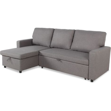 Cotecosy – Canapé d'angle convertible 5 places – Tissu gris clair – Espace de rangement sous la méridienne – Dimensions L215 x P133 x H83 cm