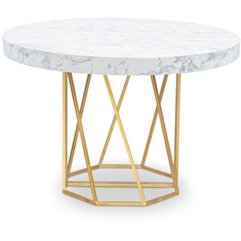Cotecosy – Table ronde extensible en bois M.D.F effet marbre blanc – Pieds dorés – Dimensions 110x110cm à 260x110cm – 3 rallonges pour 8 personnes