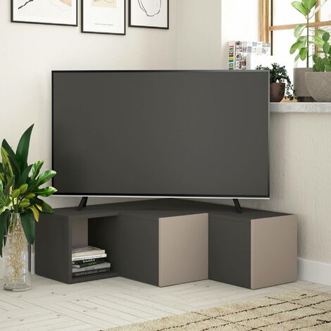 BAÏTA Meuble TV d'angle - Décor Blanc et chêne - Style Industriel - L 115 x  P 55 x H 53,5cm - LYNA : : Cuisine et Maison