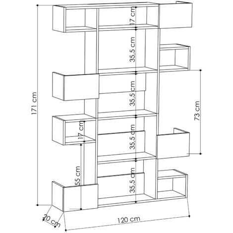 Bibliothèque Bicolore en Chêne et Blanc, Design Moderne, 120x171x25,3 cm, Pour Salon ou Hall d'Entrée