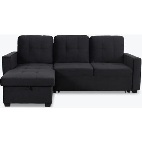 Cotecosy – Canapé d'angle convertible moderne 230x153 cm – Velours noir – Méridienne interchangeable – Rangement sous l'assise (1/5)