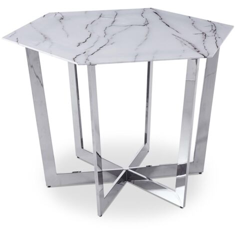 Table hexagonale 120cm Zadig Verre Effet marbre blanc et pied Métal Argent (1/3)