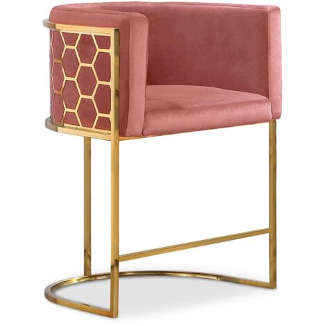 Cotecosy – Chaise de bar en velours rose – Structure métal doré – Hauteur 96 cm – Design moderne pour cuisine et salle à manger (1/3)