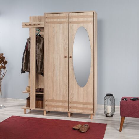 Meuble d'entrée 2 portes à droite avec miroir Rakita L135xH194cm Bois clair